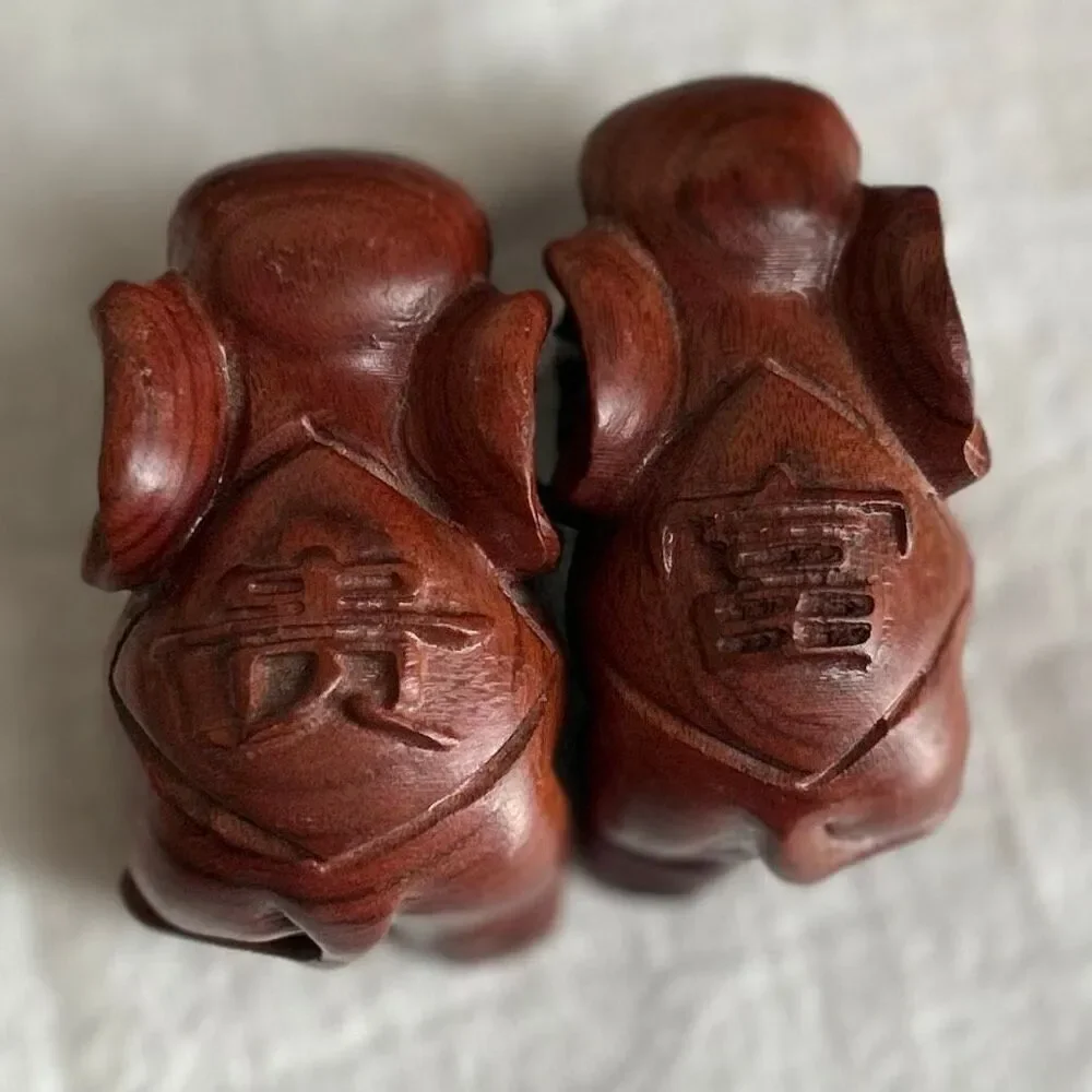 Set of 2 Small Protective Carved Wooden Elephants Long Life and Abundance